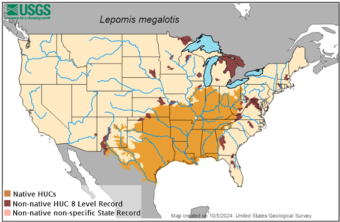 Longear Sunfish Range USGS Map